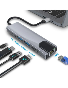 USB Type-C Hub Хаб 5 в 1 (USB x2, HDMI, LAN, Type-C)