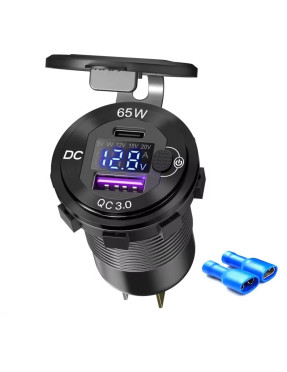 Адаптер USB зарядка QC 3.0 + PD Type-C 65W з вольтметром і кнопкою Металева Blue 