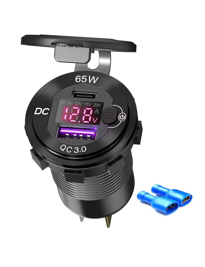 Адаптер USB зарядка QC 3.0 + PD Type-C 65W з вольтметром і кнопкою Металева Red