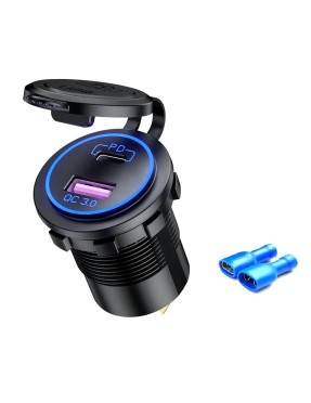 Врізний адаптер USB зарядка 12-24v в авто QC 3.0 + PD Type-C 45W blue