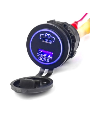 Врізний адаптер USB зарядка 12-24v в авто QC 3.0 + PD Type-C 45W blue