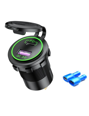 Врізний адаптер USB зарядка 12-24v в авто QC 3.0 + PD Type-C 45W green