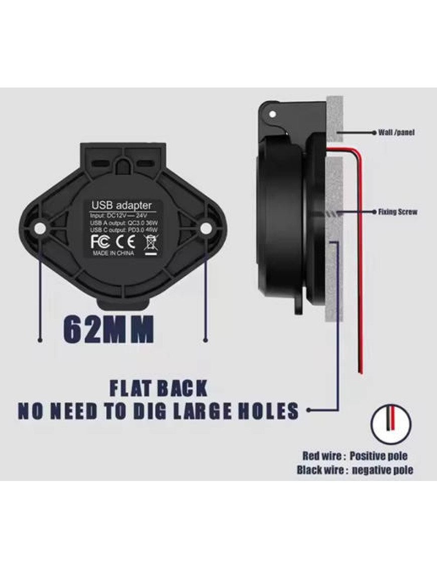 IP67 USB зарядка панель 10-90V QC3.0 PD Type-C 30W