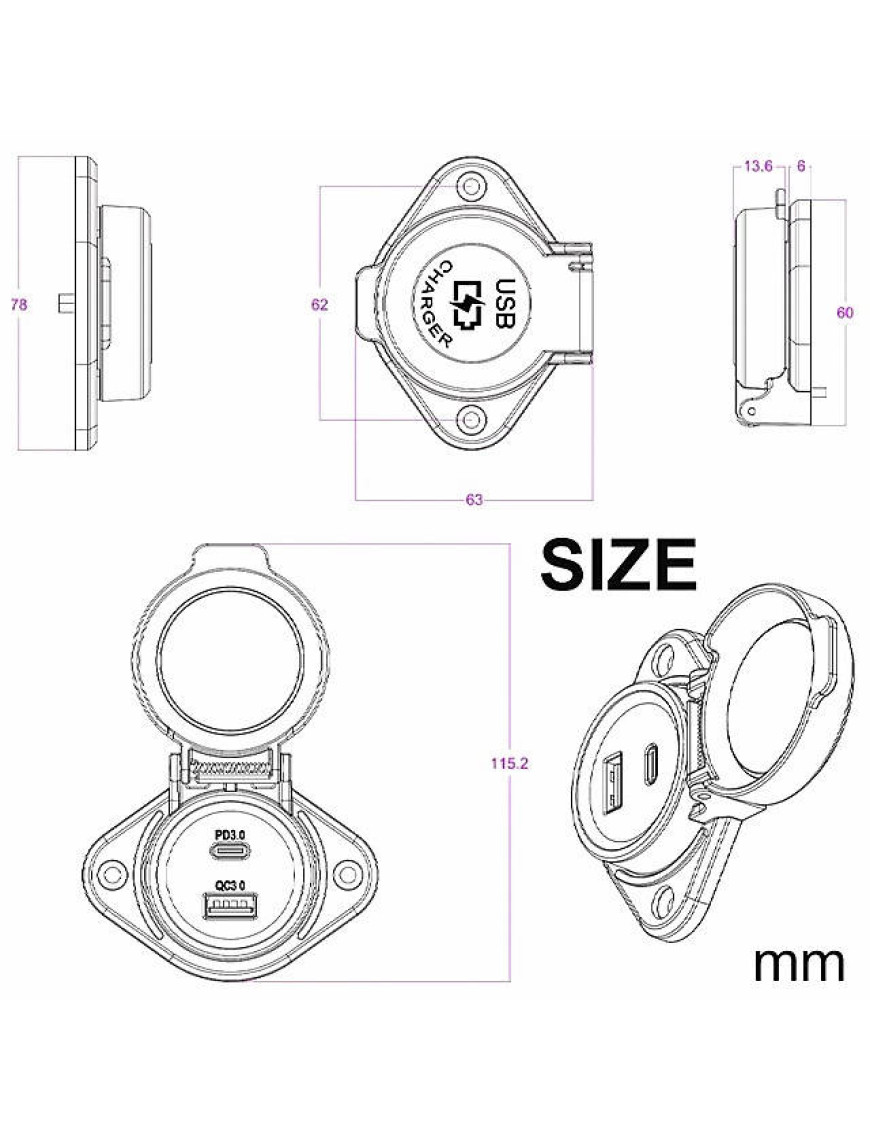 IP67 USB зарядка панель 10-90V QC3.0 PD Type-C 30W