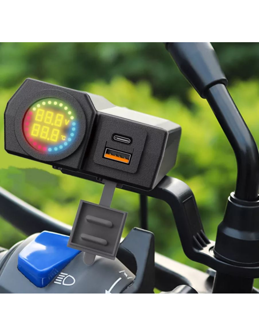 USB зарядка для мото QC 3.0 + TypeC PD з вольтметром температурою кнопкою. Універсальна