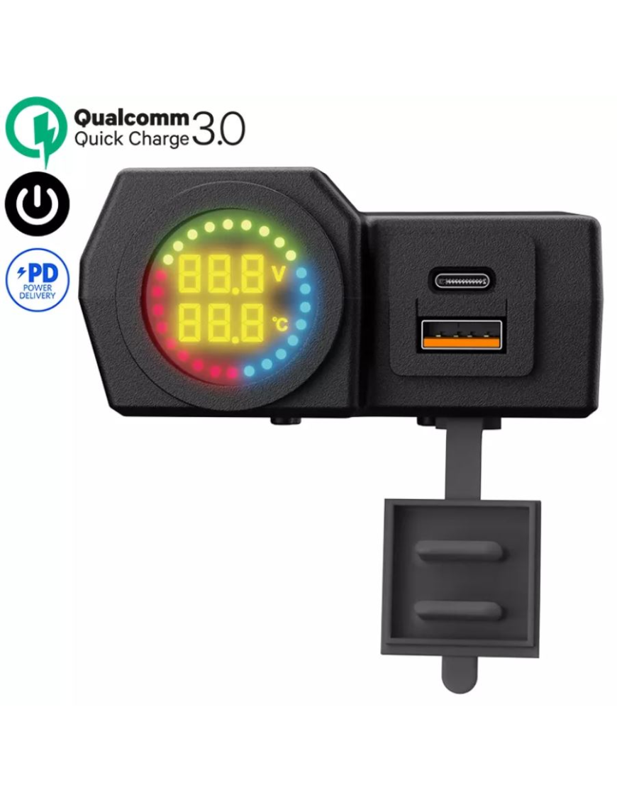 USB зарядка для мото QC 3.0 + TypeC PD з вольтметром температурою кнопкою. Універсальна